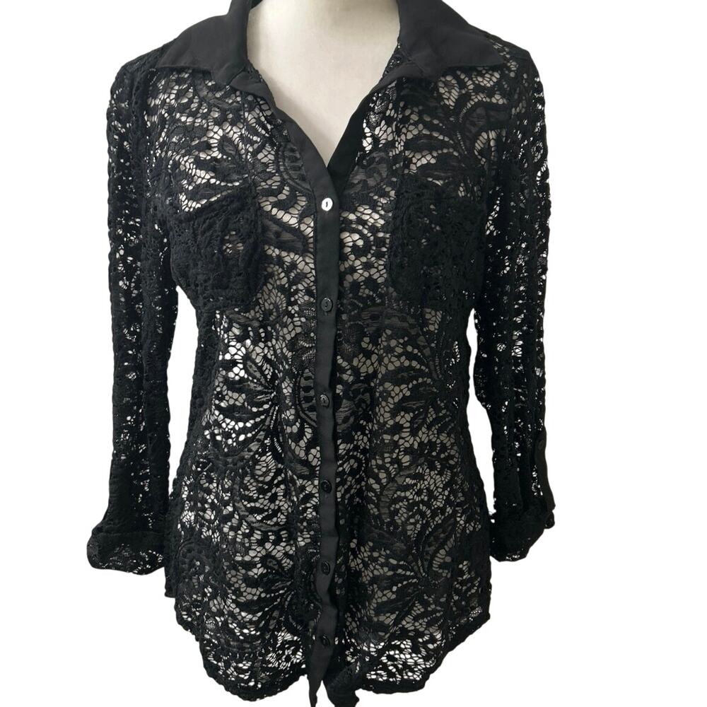 Maurices Black Lace Button Front Blouse Sheer Fitted Collared Top M Goth Indie
